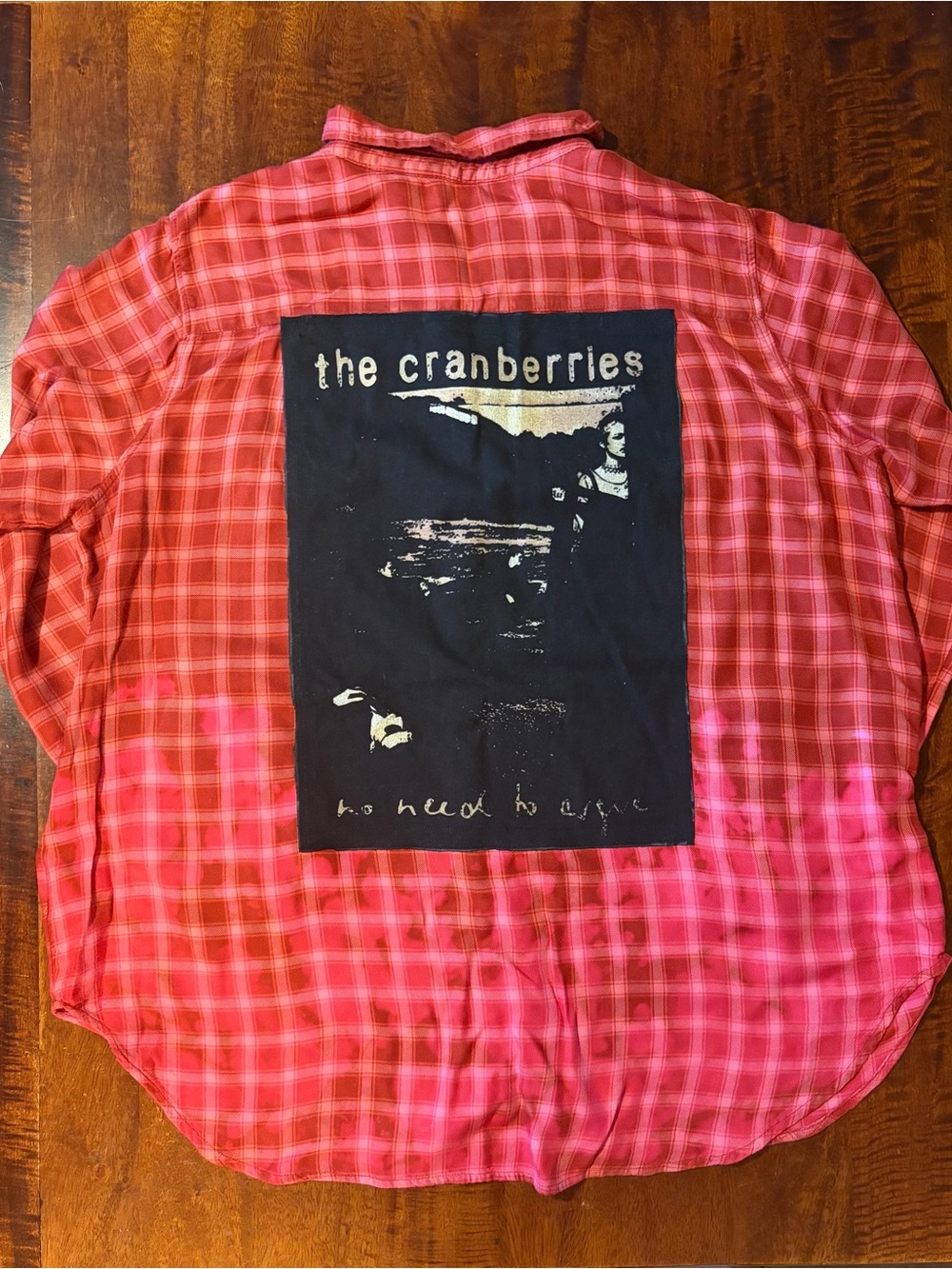 Upcycled Cranberries Graphic Splatter Bleach Dyed Red and Pink Plaid Flannel XL